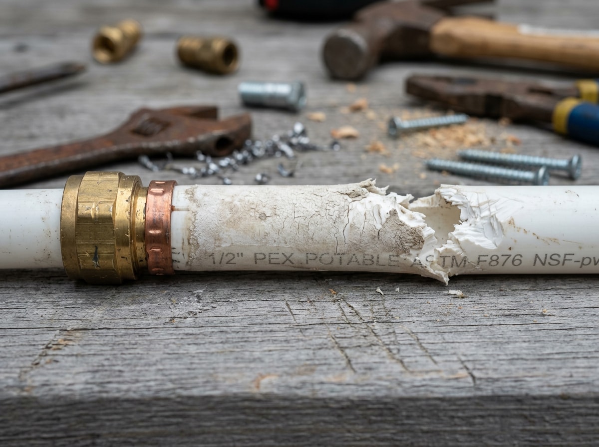 Close-up of PEX tubing with rodent chew marks and sun-faded brittle surface next to a brass crimp fitting