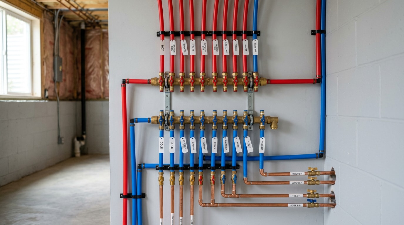 PEX manifold with red and blue supply lines and labeled shutoff valves in a home basement PEX manifold with red and blue supply lines and labeled shutoff valves in a home basement