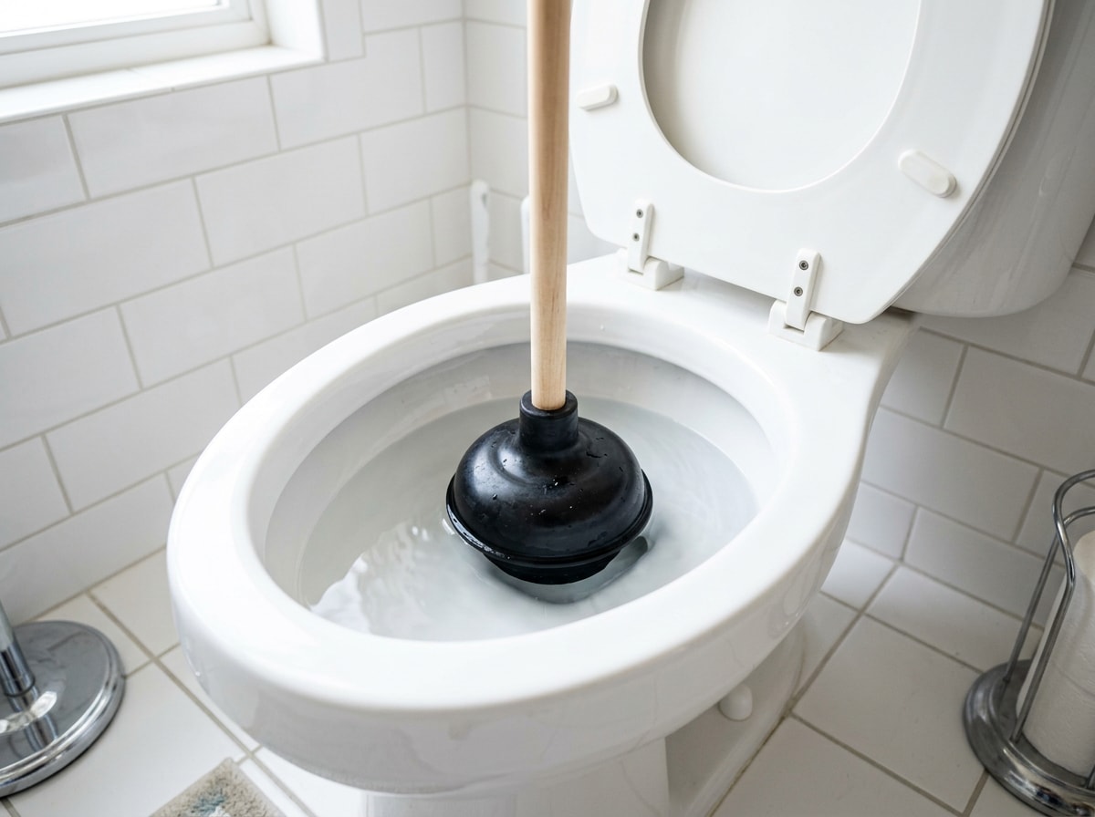 Flange plunger seated in a toilet bowl with the rubber flange sealing the drain opening
