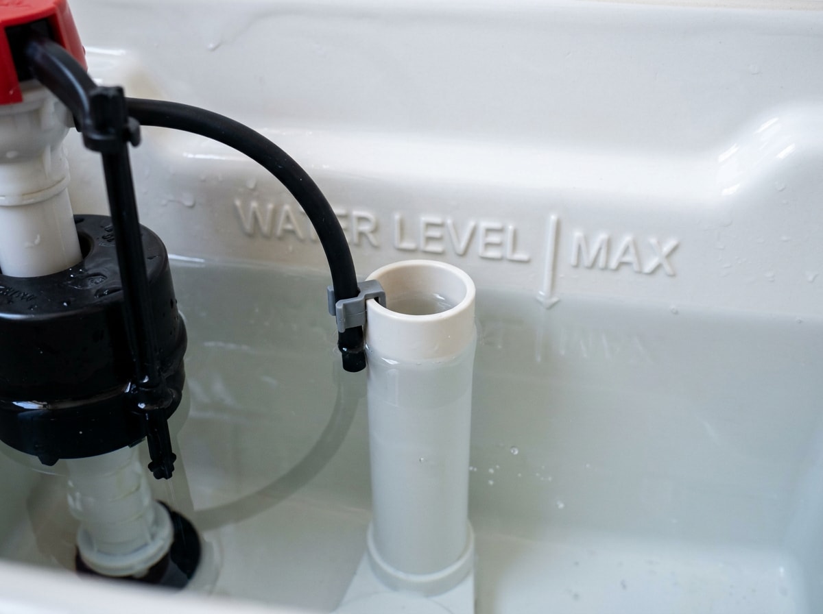 Inside of a toilet tank showing the fill line marking and overflow tube water level