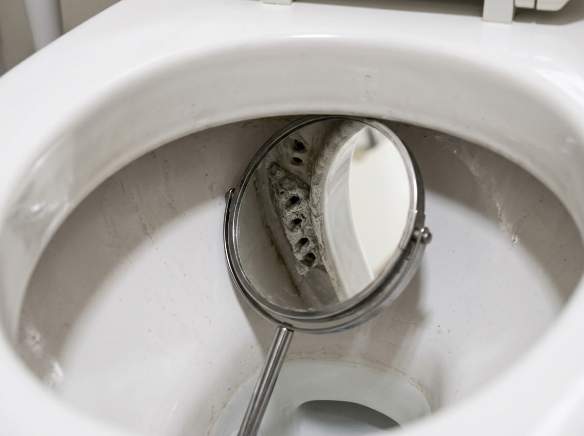 Hand mirror showing clogged rim jets and mineral deposits under a toilet bowl rim