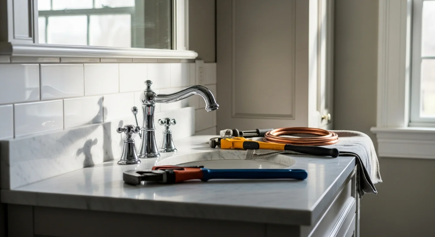 Professional plumber working on residential plumbing system in Mendham, NJ