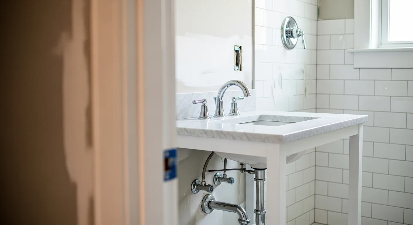 A remodeled bathroom in a Morris County, NJ home featuring a walk-in tile shower, updated vanity, and new plumbing fixtures installed by Carmine P. Aumenta & Sons Plumbing & Heating Inc. The finished space reflects a full plumbing and remodeling scope handled by a single licensed contractor team.