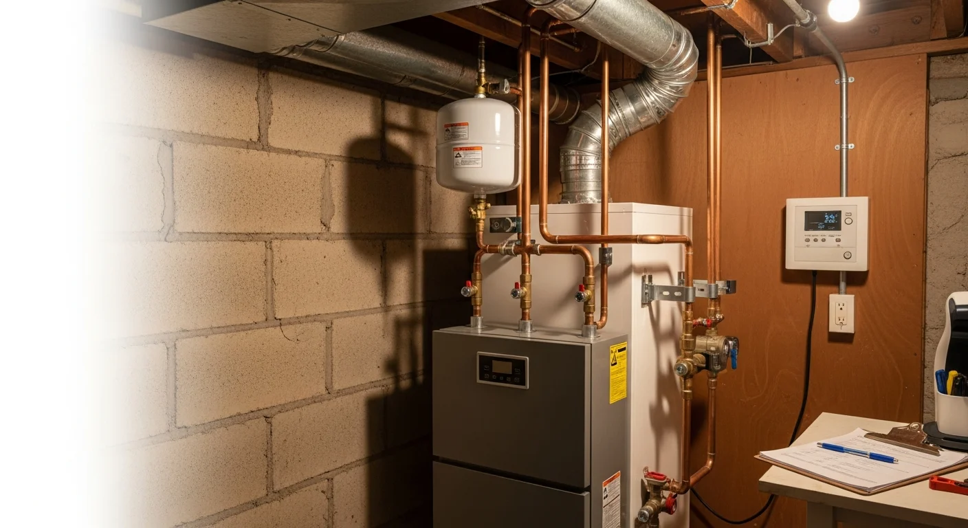 A newly installed residential boiler connected to copper piping and heating zones in a utility room of a home in Mendham, NJ. The system shows clean venting connections and pressure gauges consistent with a professional boiler installation in Morris County.