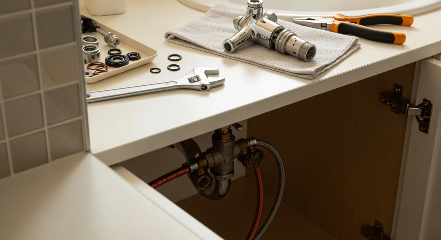 A licensed plumber from Carmine P Aumenta & Sons inspecting a bathroom vanity faucet beneath the sink in a residential home in Mendham, NJ. The image shows supply line connections and shutoff valves being checked during a faucet repair service call.