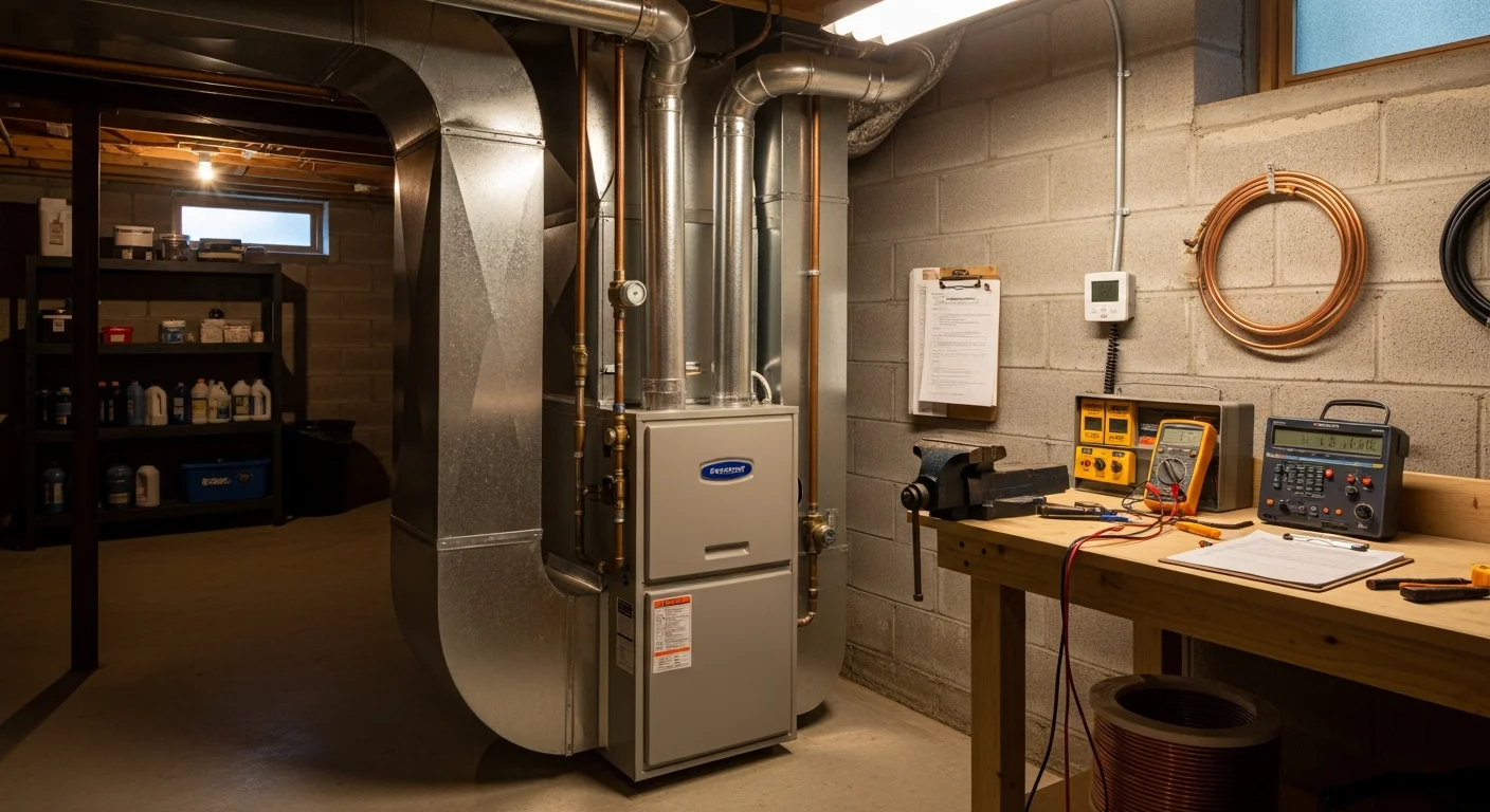 A newly installed gas furnace in a basement utility room of a residential home in Mendham, New Jersey, with sealed ductwork connections and a clear service area around the unit. The installation reflects code-compliant clearances typical of Morris County home heating projects.