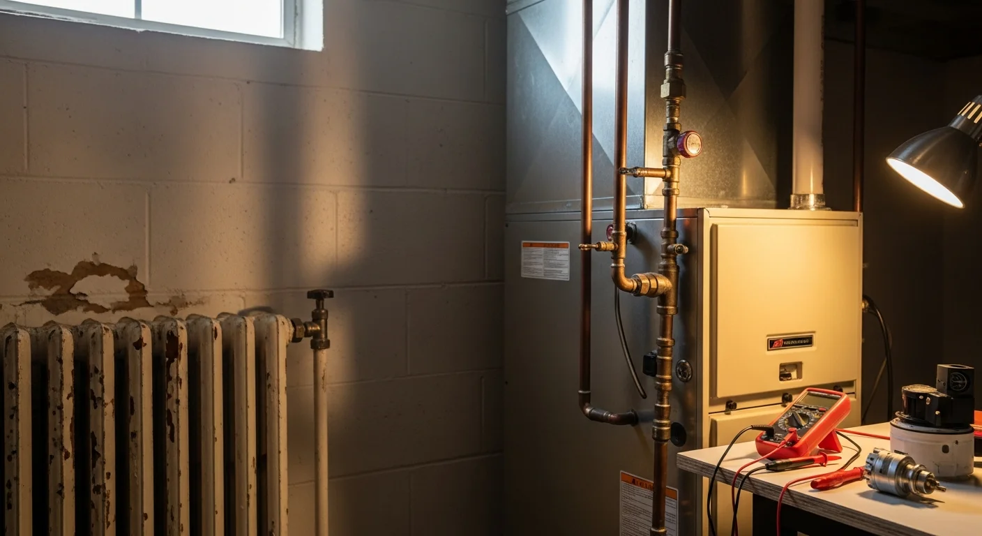 A heating contractor inspecting the interior components of a residential gas furnace in a basement utility room. The technician checks the flame sensor and heat exchanger on a furnace serviced in the Mendham and Morristown, NJ area.