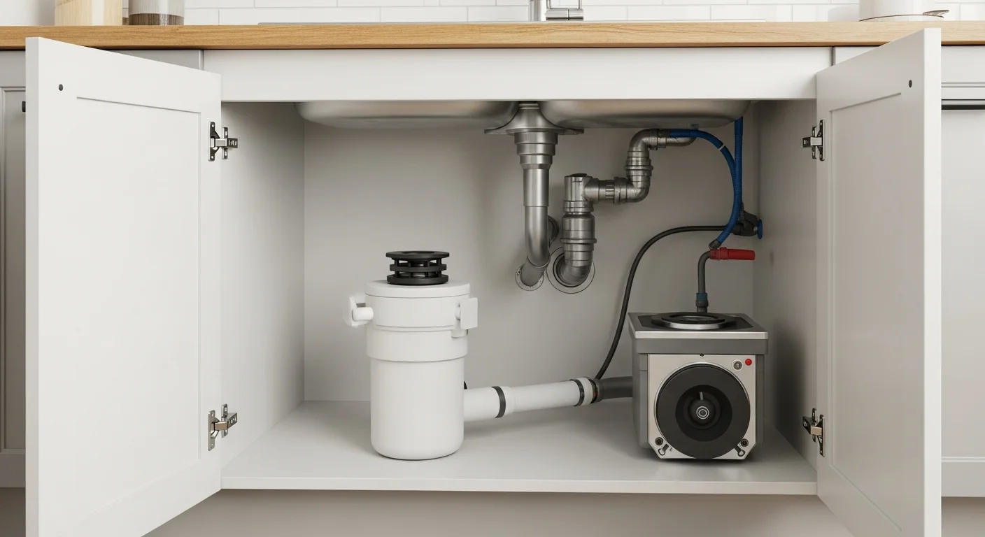 A licensed plumber from Carmine P Aumenta & Sons connecting drain lines and electrical wiring for a new garbage disposal installation under a kitchen sink in a Morris County, NJ home. The mounting assembly, sink flange, and discharge tube are visible and fully secured.
