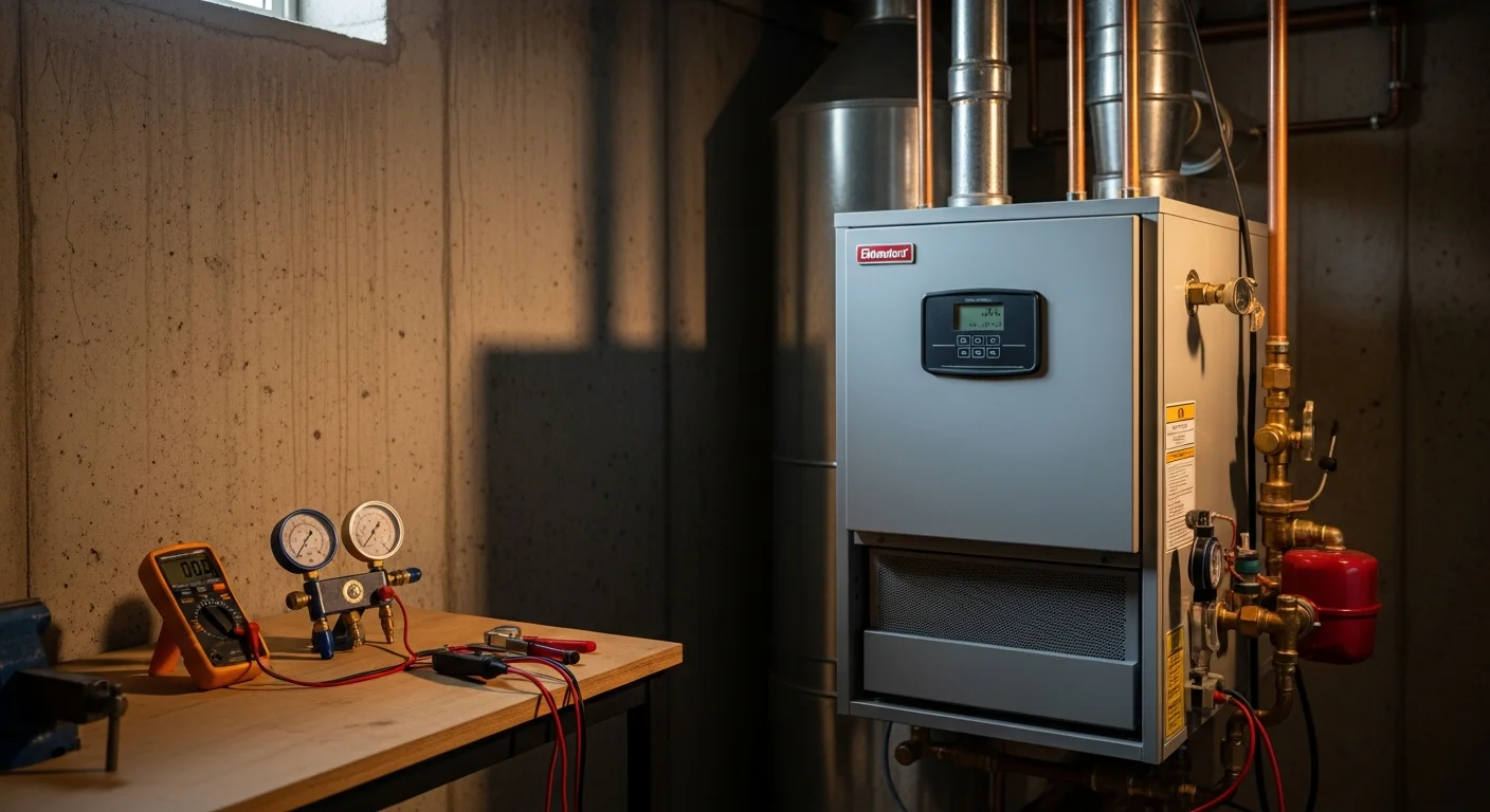 A heating contractor inspecting a residential boiler in a New Jersey home utility room, checking venting connections and burner components during an annual maintenance visit. Service area includes Mendham, Morristown, Summit, Jersey City, and surrounding communities.