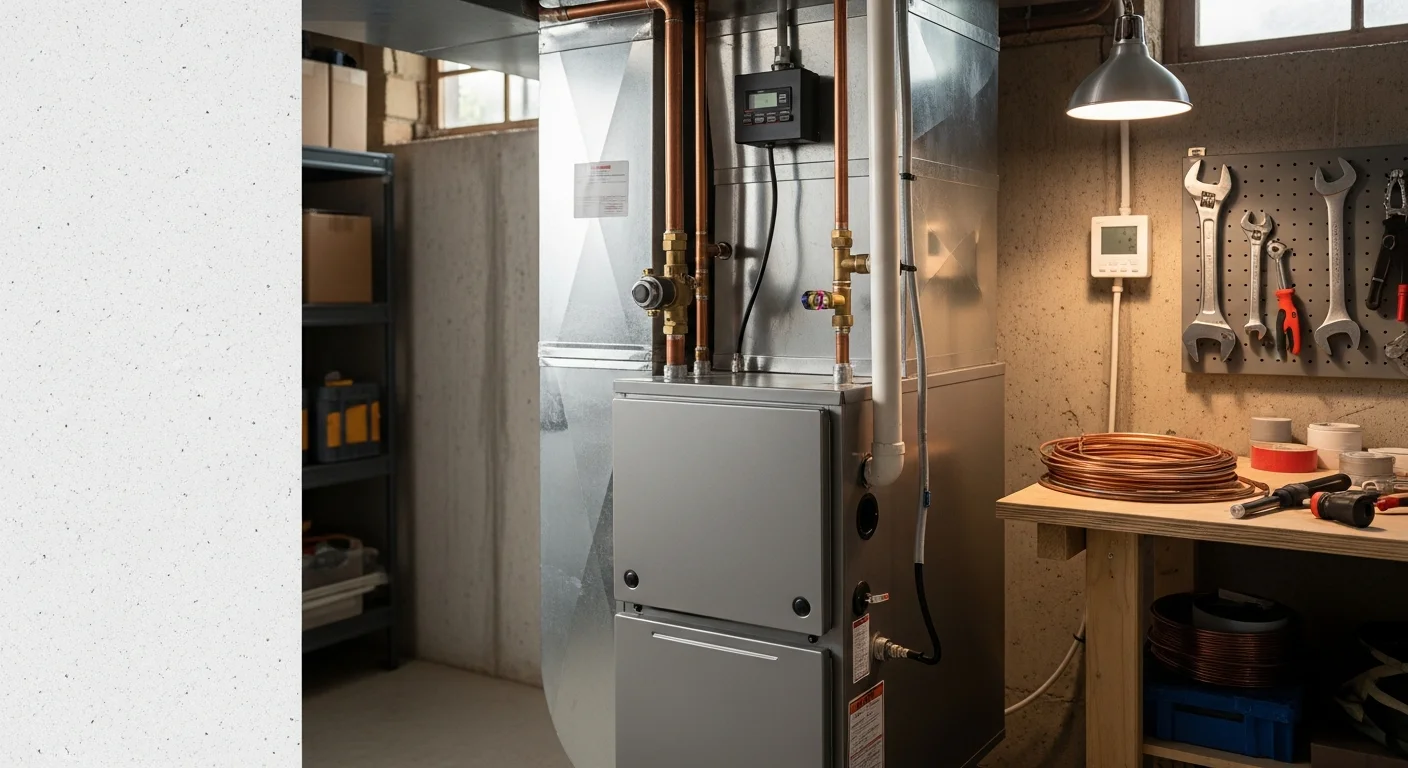 A licensed heating contractor from Carmine P Aumenta & Sons installing a new heating system in a residential home in Mendham, NJ. The image shows the technician connecting the new unit in a utility room of an older New Jersey property.