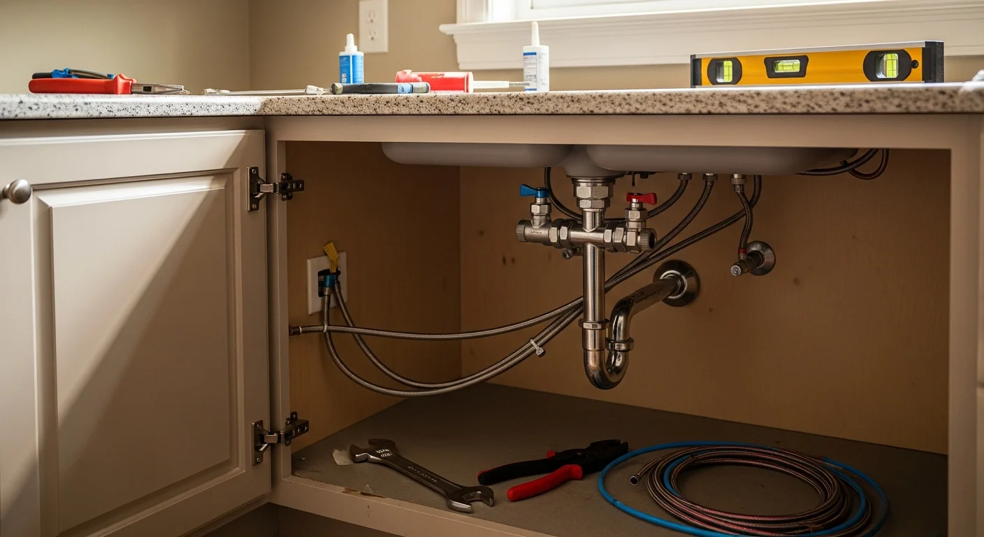 A finished kitchen remodel in a Morris County colonial home showing a new undermount sink, updated faucet, and repositioned drain line installed by a licensed NJ plumbing contractor. The kitchen features clean cabinetry lines and properly routed supply connections ready for inspection.