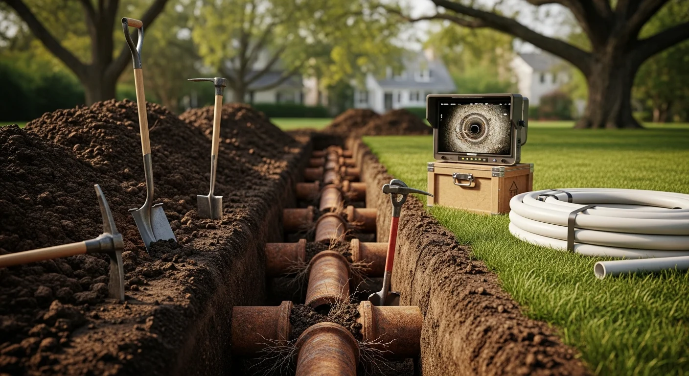 A plumber from Carmine P Aumenta & Sons reviewing sewer camera footage beside an open cleanout access point at a residential property in Mendham, NJ. The camera monitor displays the interior of an aging clay sewer line with visible root intrusion at a pipe joint.