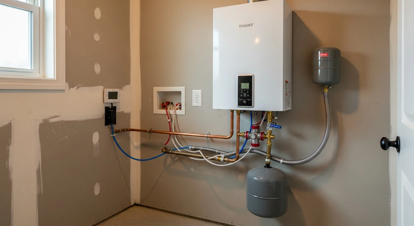 A wall-mounted tankless water heater installed in a basement utility room of a New Jersey home, with copper water lines and a venting pipe routed through an exterior wall. A licensed plumber from Carmine P Aumenta & Sons inspects the completed installation.