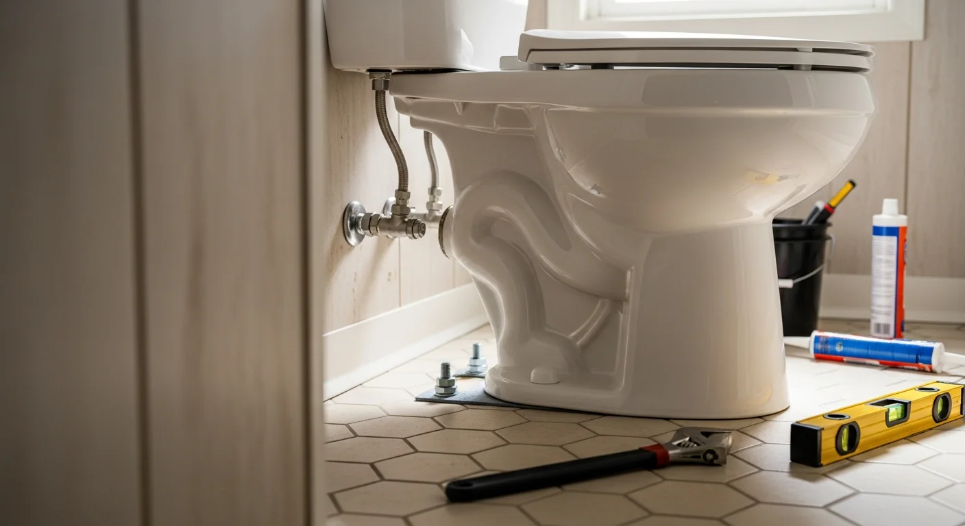 A licensed plumber from Carmine P Aumenta & Sons securing a new toilet installation in a residential bathroom in Morristown, NJ. The work area shows a properly seated wax ring and connected water supply line on a finished tile floor.