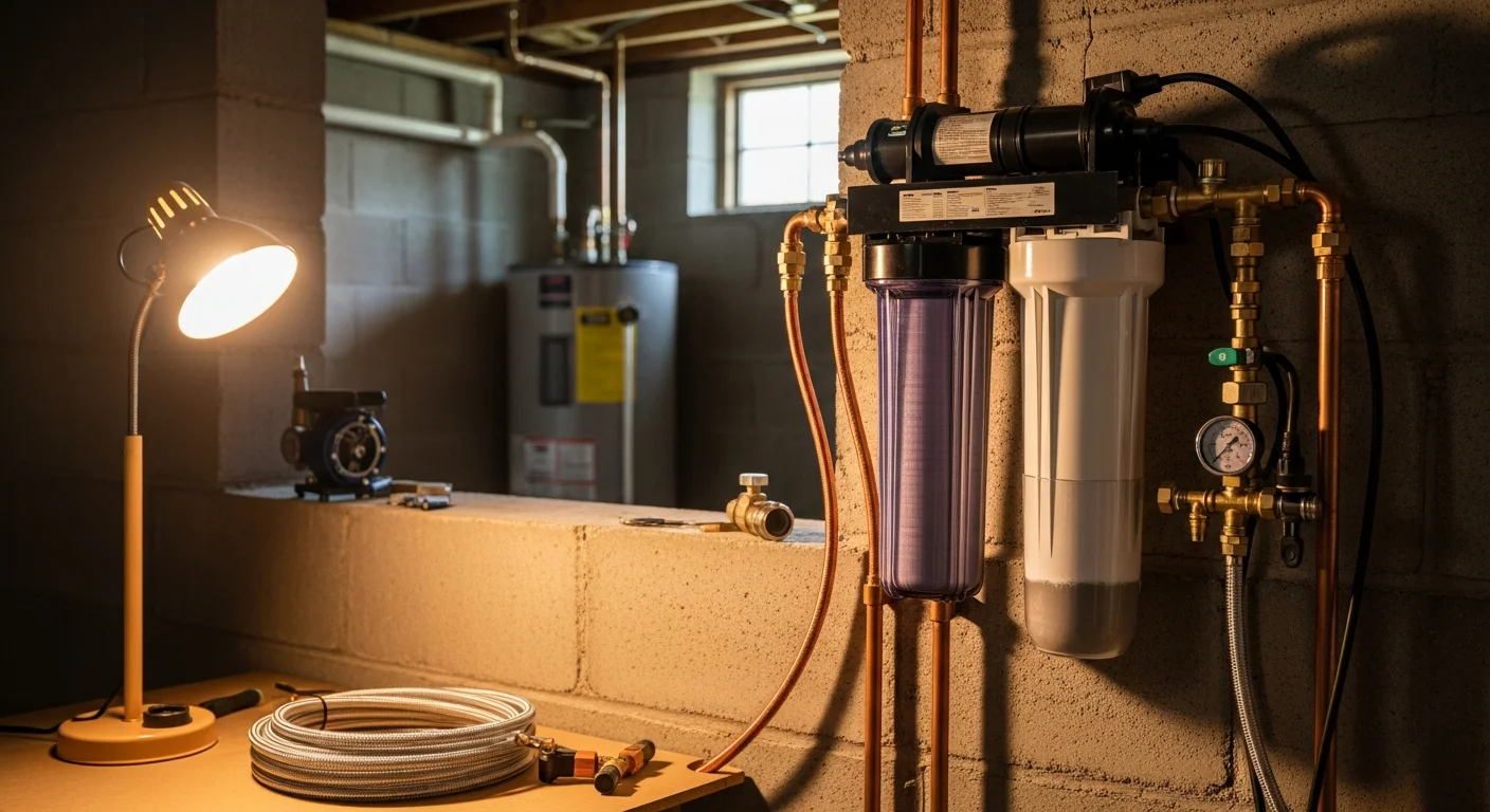 A licensed plumber from Carmine P Aumenta & Sons connecting a whole-house water filtration unit to the main supply line in a residential basement in Morristown, NJ. The system is mounted on the wall near the main shut-off valve with clear filter housings and copper pipe connections visible.