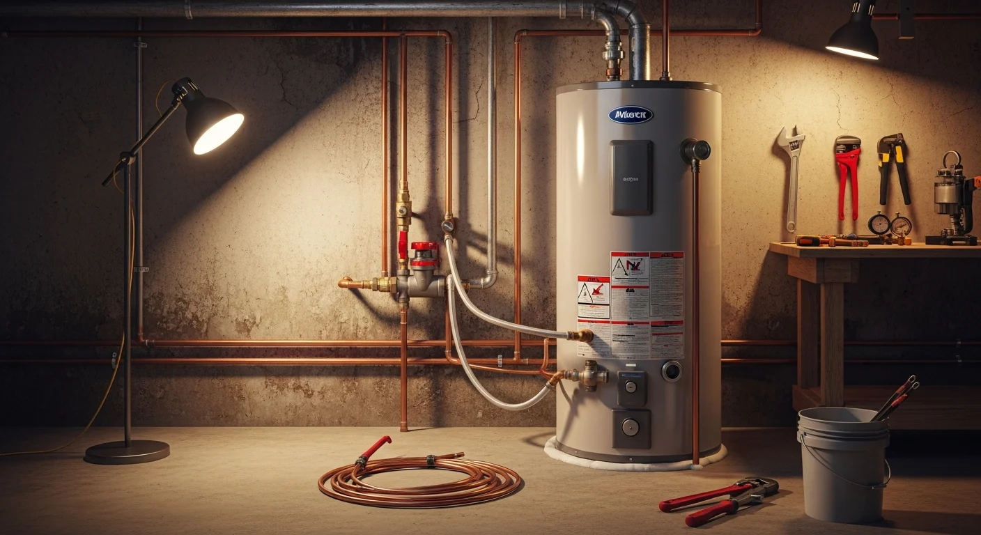 A newly installed water heater connected to supply lines and properly vented in a basement utility room of a residential home in Mendham, NJ. The unit is positioned with clean shutoff valve access and visible relief valve piping, typical of installations completed by Carmine P Aumenta & Sons Plumbing & Heating Inc.