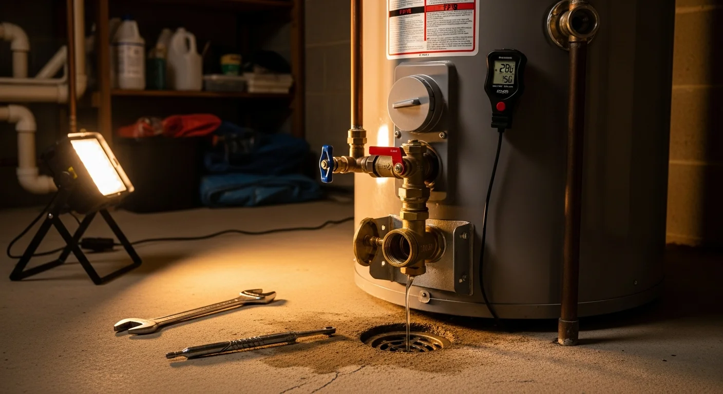 A plumber flushing sediment from a residential water heater tank in a New Jersey home basement. The technician inspects the anode rod and pressure relief valve during a routine maintenance visit.