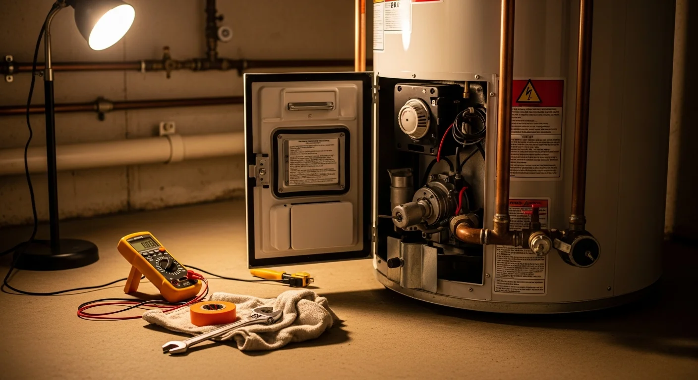A licensed plumber from Carmine P Aumenta & Sons Plumbing & Heating Inc. inspecting a residential tank water heater in a basement utility room in Mendham, NJ. The technician is checking the T&P valve and connections on a gas water heater installed against a concrete block wall.