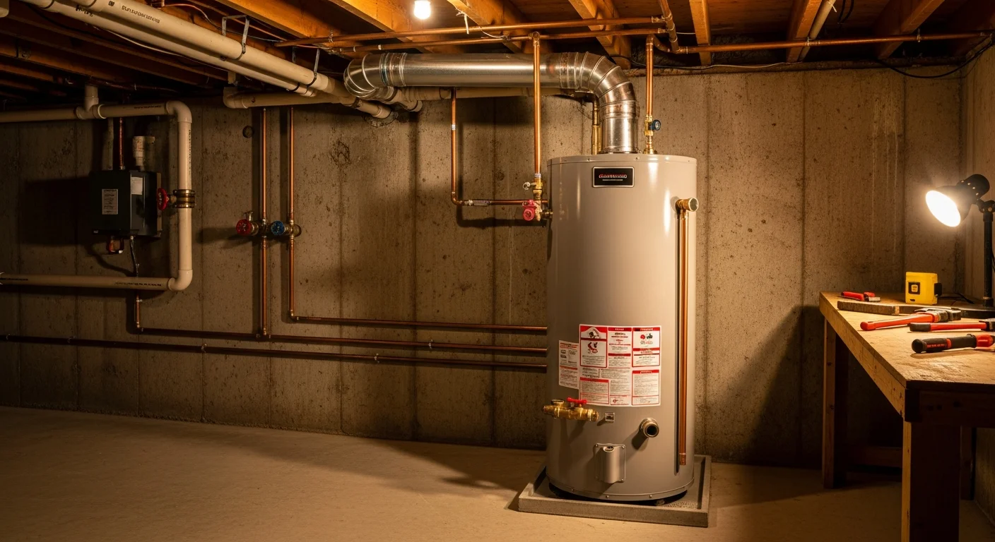 A licensed plumber from Carmine P Aumenta & Sons installing a new water heater in a basement utility room in Mendham, NJ. The old unit has been removed and the new tank is connected to gas supply and venting lines.